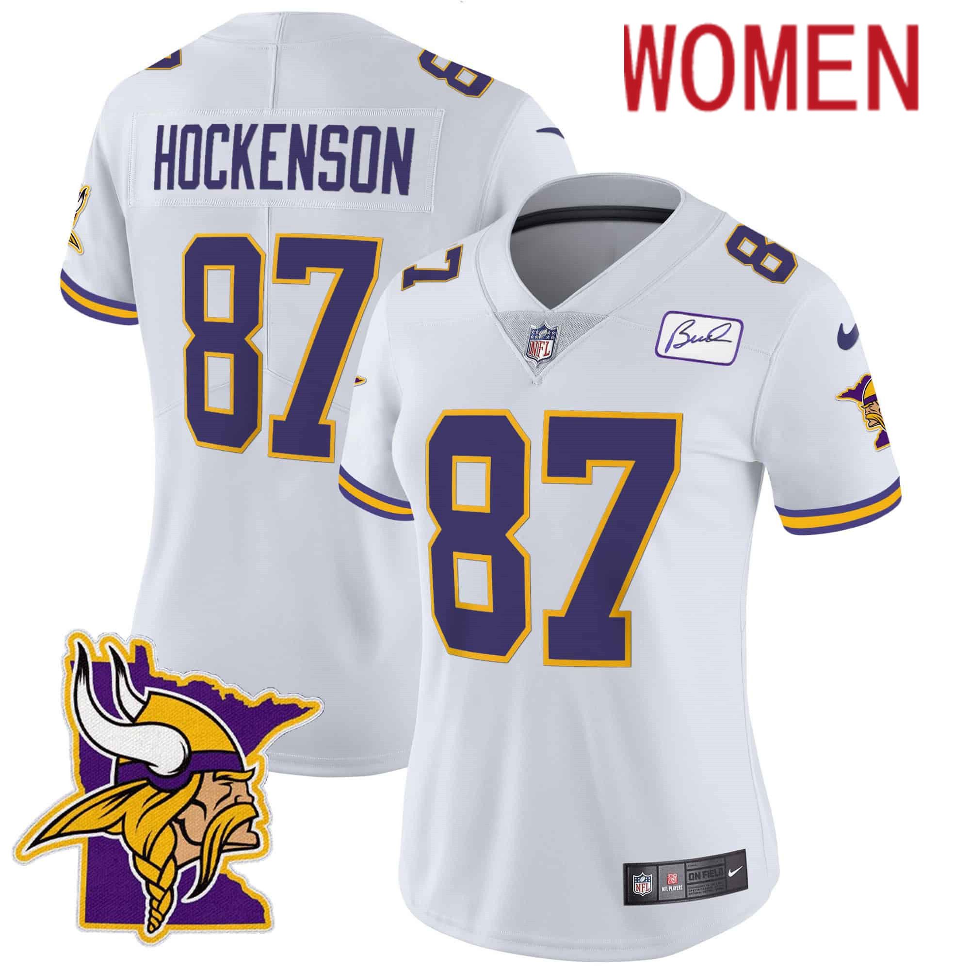 Women Minnesota Vikings #87 Hockenson White 2024 Nike Patch Classic Limited NFL Jersey->women nfl jersey->Women Jersey